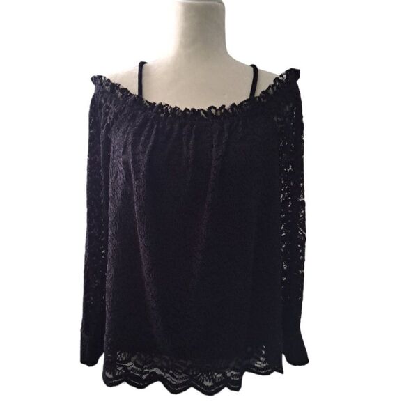 Anthropologie Eri + Ali Coldshoulder Lace Black Button Cuff Dark Boho Top Small - Picture 2 of 9